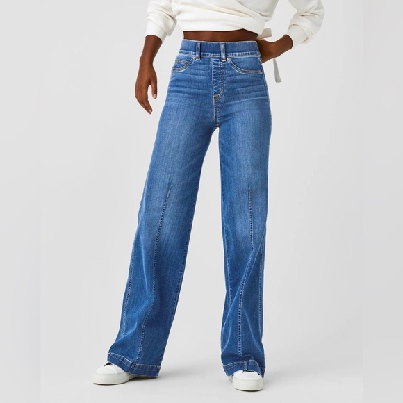 Spanx Seamed Front Wide Leg Pull On Jean Small High Rise Faux Front Pockets - Picture 1 of 14